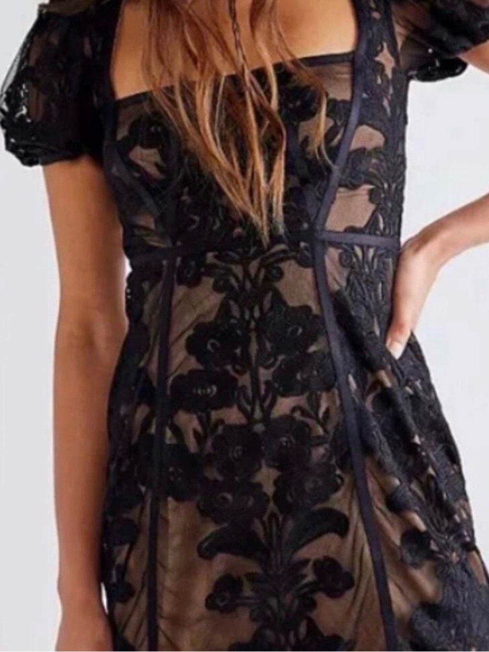 For Love & Lemons Black Lace Mesh Mini Dress Puff Sleeve Nude Lining Size L - Picture 3 of 6